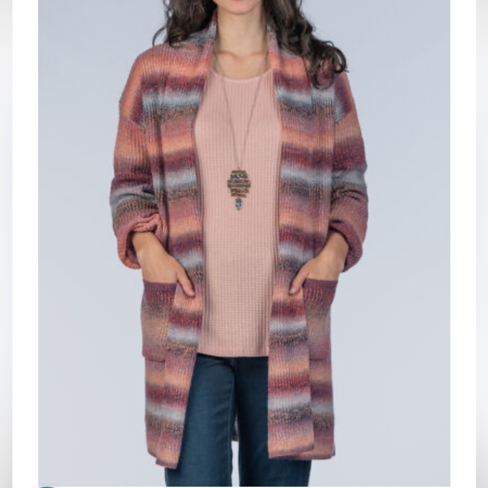 Multi-Colored Rainbow Stripes Two Pocket Open-Front Cardigan M